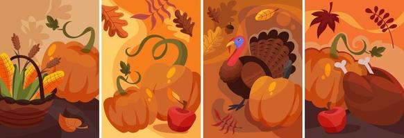 Set of Thanksgiving posters in cartoon style. Holiday placard designs. vector