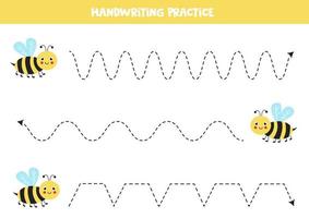 Tracing lines with cute yellow bee. Writing practice. vector