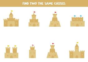 Find two identical sand castles. Educational game vector