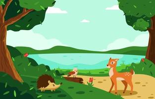 Scenery of Forest Animals Beside the Lake vector