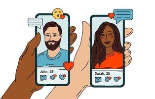 Online dating, woman and man on the smartphone vector