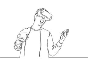 joven con tecnología de realidad virtual gadget dibujo de una línea vector