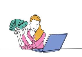 Girl with money and laptop, one line drawing of business line art vector