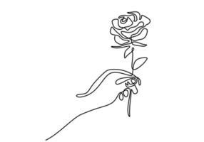 dibujo de línea continua mano sosteniendo flor rosa minimalista vector