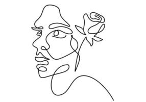 Girl line art drawing with rose flower Minimalist woman one line vector