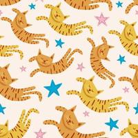 Cute cats seamless pattern with stars funny drawing vector