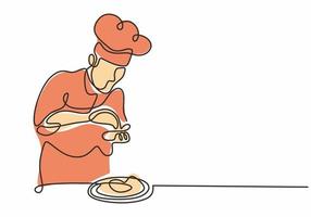 continuous line drawing of chef preparing food vector illustration.