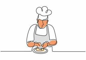 continuous one line drawing of chef preparing food vector illustration