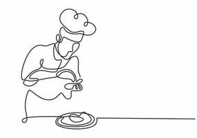 single one line drawing of chef preparing food vector illustration.