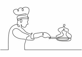 Continuous one line drawing of chef cooking vector illustration.