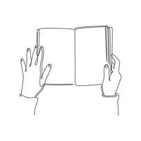 Leer libro de una línea dibujo minimalista, manos y libros abiertos. vector