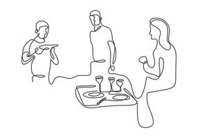 continuous line drawing of company of friends dining in restaurant. vector