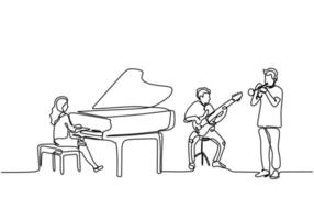 Continuous line drawing of orchestra music performance. vector