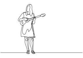 Continuous line young girl plays Ukulele music theme one hand drawing vector