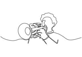 Continuous line drawing of person playing cornet. A brass instrument vector