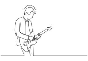 Continuous one line drawing of man playing electric guitar instrument vector
