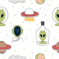 Childish drawing seamless pattern with aliens, ufo in space vector