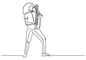 Continuous one line drawing of man blowing saxophone. vector