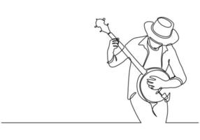 Continuous one line drawing of man playing banjo music vector