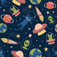 Seamless pattern with cute funny aliens and cat on galaxy vector