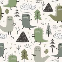 Cute dino seamless pattern with jungle theme. Childish dinosaur. vector