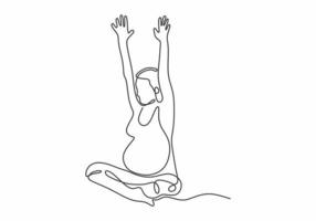 one single line art doodle pregnant woman doing yoga. Woman exercise. vector