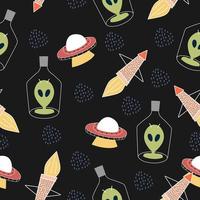 Childish seamless pattern with aliens, ufo in space cosmos vector