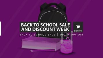 venta de regreso a la escuela y semana de descuento, banner de descuento morado vector