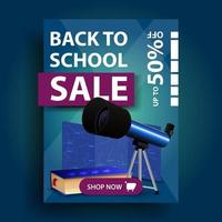 Back to school sale, vertical discount banner with telescope vector