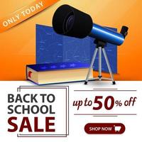 Back to school sale, orange banner with telescope vector
