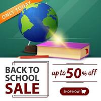 Back to school sale, green banner with globe and school textbooks