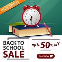 Back to school sale, green banner with school books and alarm clock vector