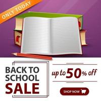 Back to school sale, purple banner with school textbooks and notebook vector