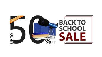 Back to school sale, white banner with 50 off, telescope, map vector