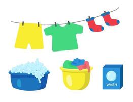 Washing clothes set. Basin with soap foam, basin with dirty clothes vector