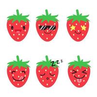 Set of strawberry emojis. Kawaii style icons, berry characters vector