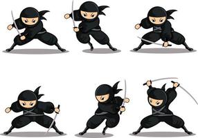 ninja negro con seis nuevas poses diferentes de ataque. vector