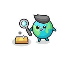 earth character is checking the authenticity of the gold bullion vector