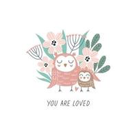 Cute hand drawn owls. Mom and baby with floral background. vector