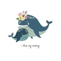 Cute hand drawn whale with flowers. Mom and baby, cartoon illustration vector