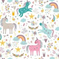 Childish seamless pattern with unicorns. Creative nursery background. vector