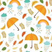 Seamless autumn pattern with umbrellas, clouds with rain and rainbows vector