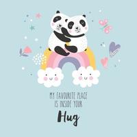 Cute cartoon pandas sitting on a rainbow and hand drawn elements. vector