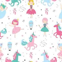 Cute ballerina with sweet unicorn childish seamless pattern. vector