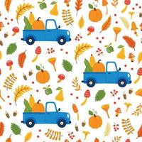 Vector seamless pattern with pumpkins on car, falling leaves