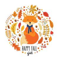 vector tarjeta de otoño con lindo zorro, brillantes hojas que caen, bellota