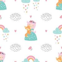 Childish seamless pattern with cute fairies and baby foxes vector