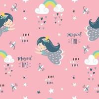 Vector seamless childish pattern with fairy, flowers, rainbow