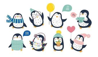Hand drawn vector set of cute funny penguins