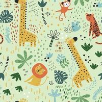 Seamless childish pattern with cartoon jungle animals